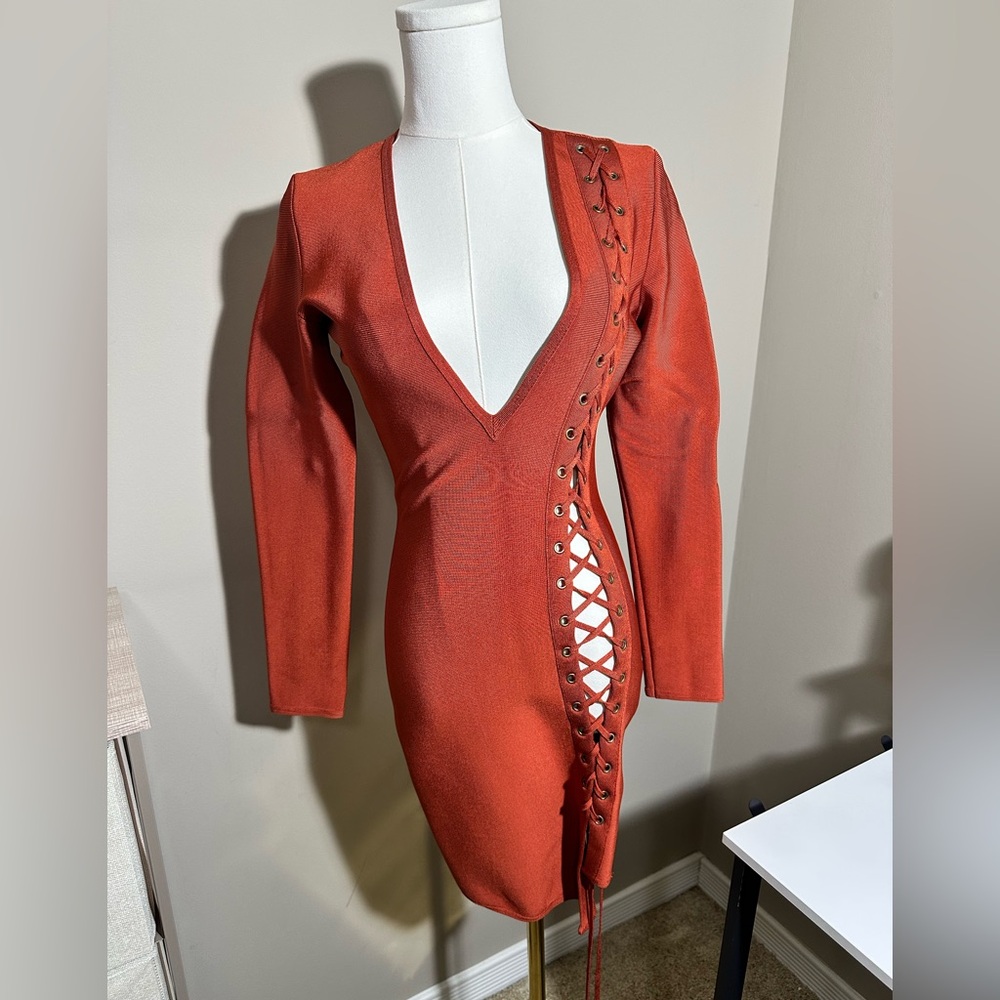 House of CB Orange Bandage Tie Up Dress